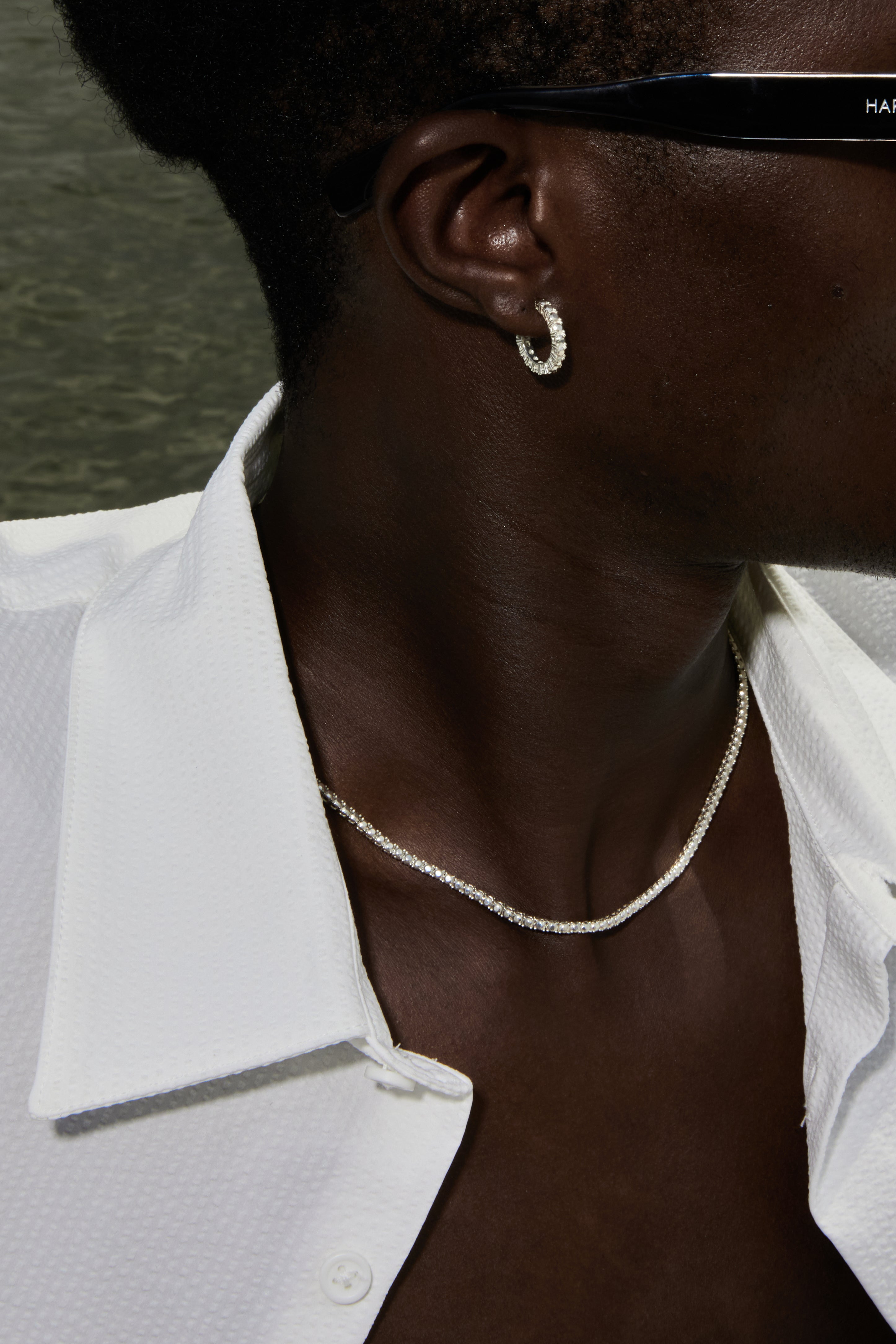 SILVER DIAMOND TENNIS HOOP EARRINGS M