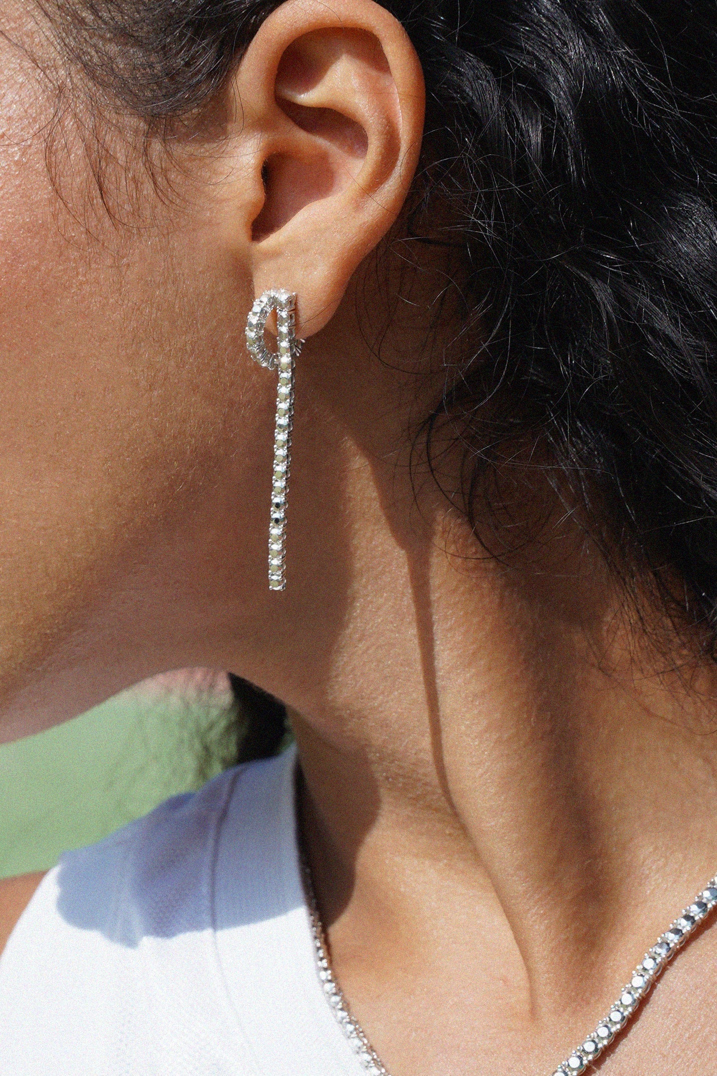 SILVER DIAMOND TENNIS DROP EARRINGS