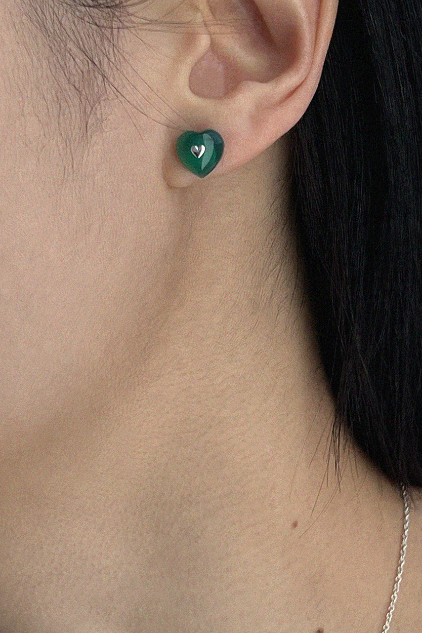 VERY VINTAGE GREEN CHALCEDONY SILVER HEART EARRINGS